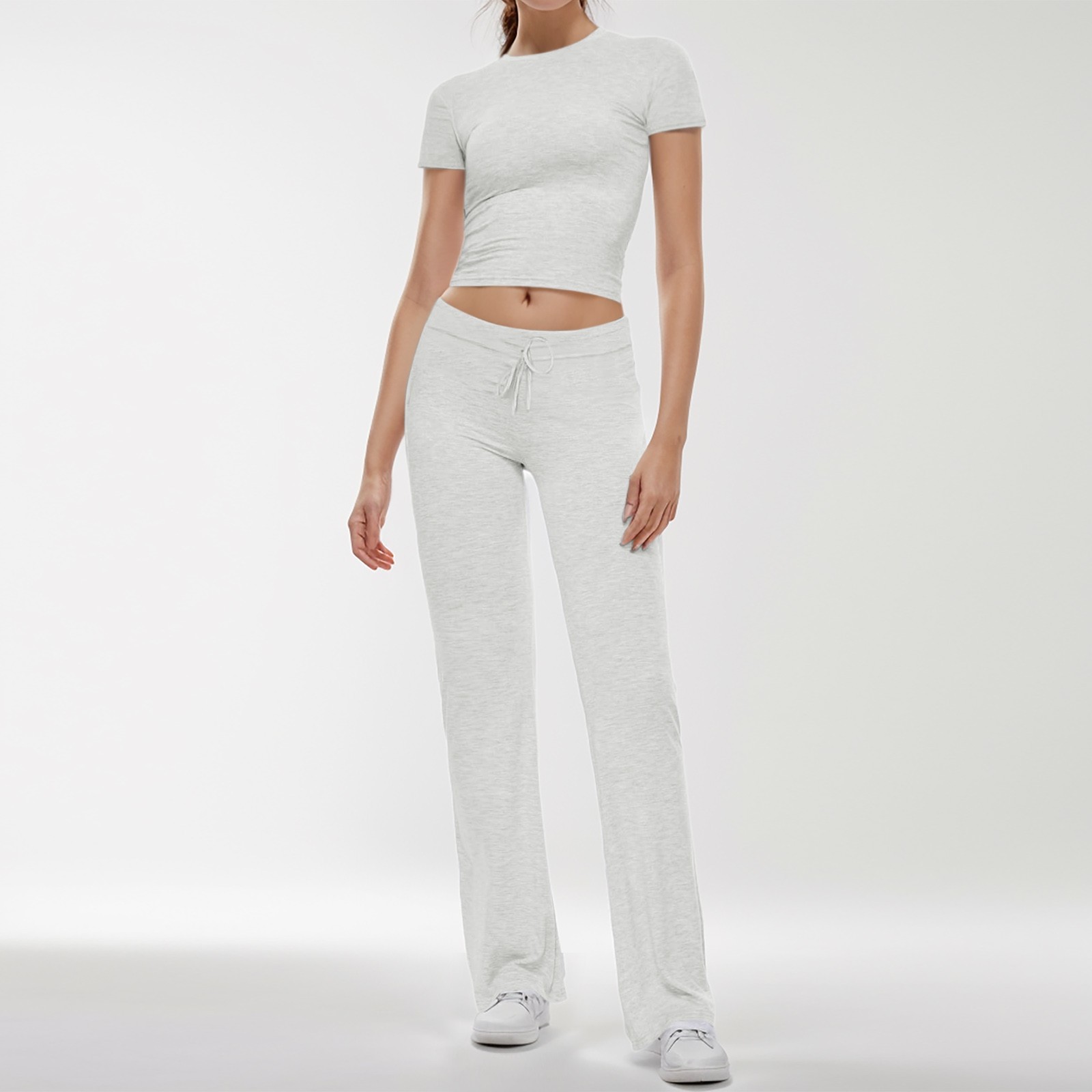 thumbnail image 2 of Conjunto de 2 piezas para mujer: top corto de manga corta y pantalones rectos, estilo deportivo informal, tallas reales para primavera/verano, 2 of 6